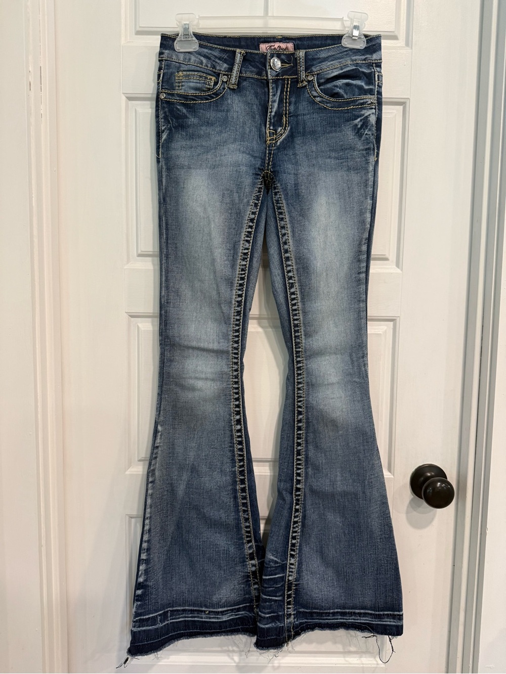 True Luck Flare Jeans 1/2 Blue Stretch Low Rise Rhinestone Pocket Y2K Boho